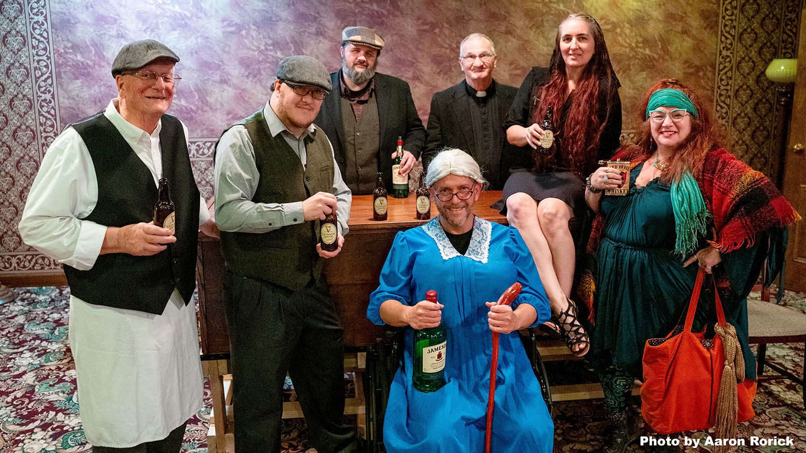 This year’s cast of Flanagan’s Wake includes, standing from left, David Hill, Colton Easterday, Shawn McCarthy, Scott McMeen, Ruth Fearnow, Teresa Rust, and Chuck Fenwick, seated. Not pictured: Peter Klopfenstein.